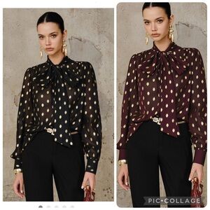 Commense Black burgundy Gold Top Polka Dot Bow Semi Sheer Blouse Button S/ L